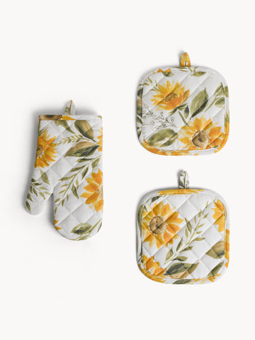 Set of 3 - 2 pot holders and 1 kitchen glove Cotton panama sunflower print