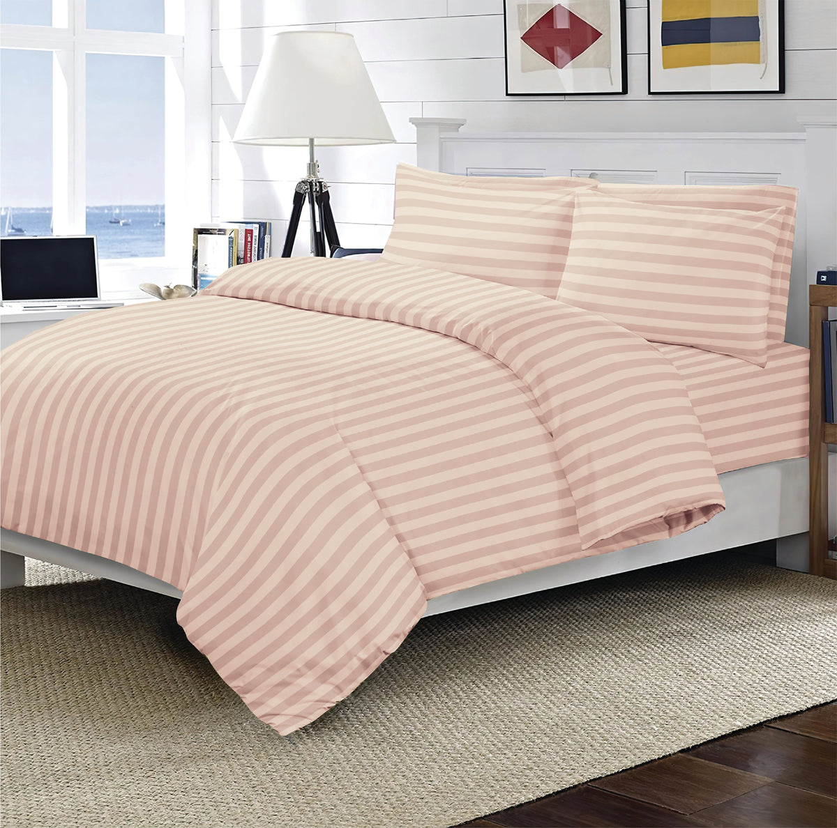 LUXURIOUS 300 THREAD COUNT BAMBOO  SATEEN WIDE STRIPE DUVET COVER SET - 3 PIECE COLLECTION
