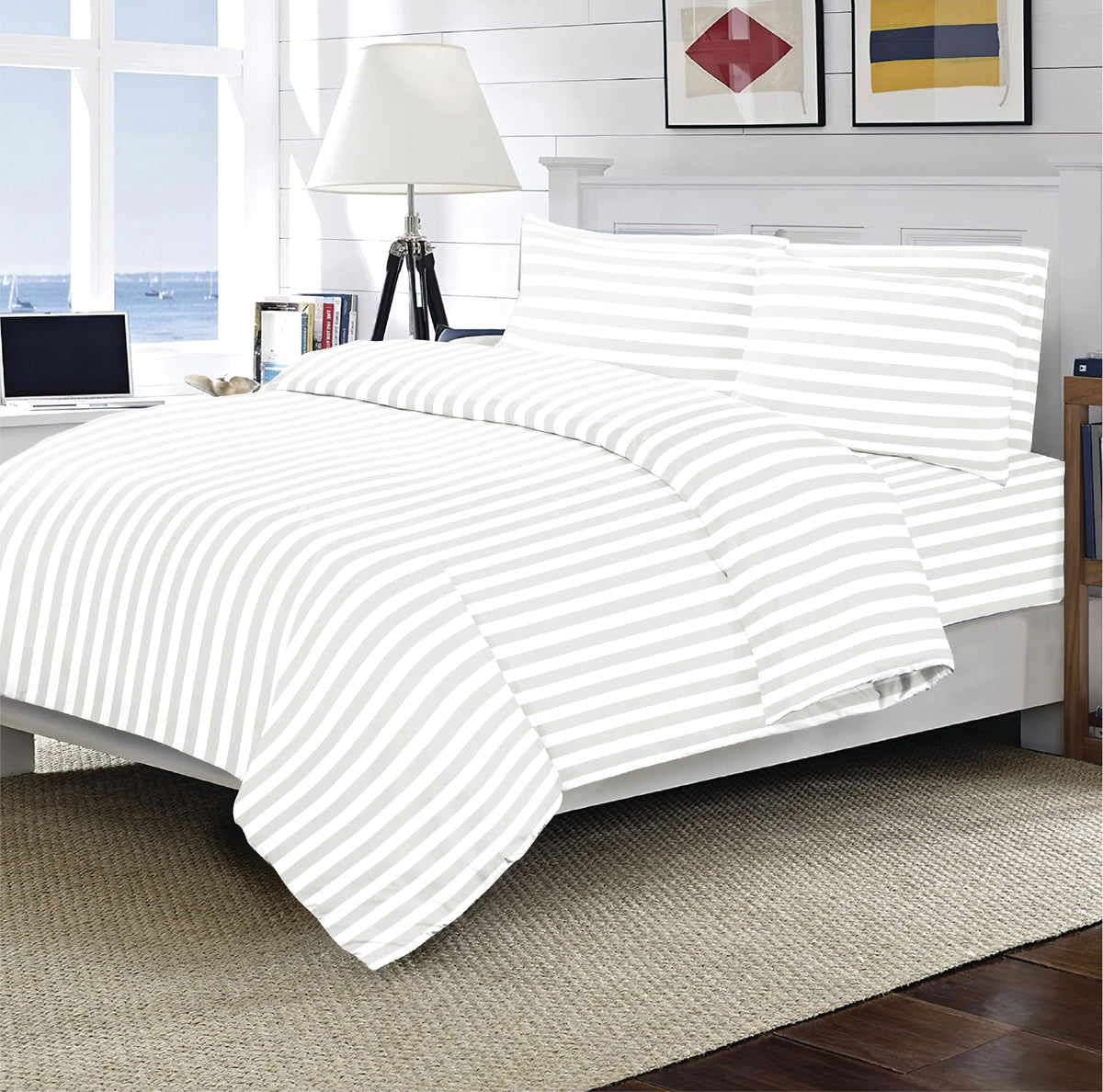LUXURIOUS 300 THREAD COUNT BAMBOO  SATEEN WIDE STRIPE DUVET COVER SET - 3 PIECE COLLECTION
