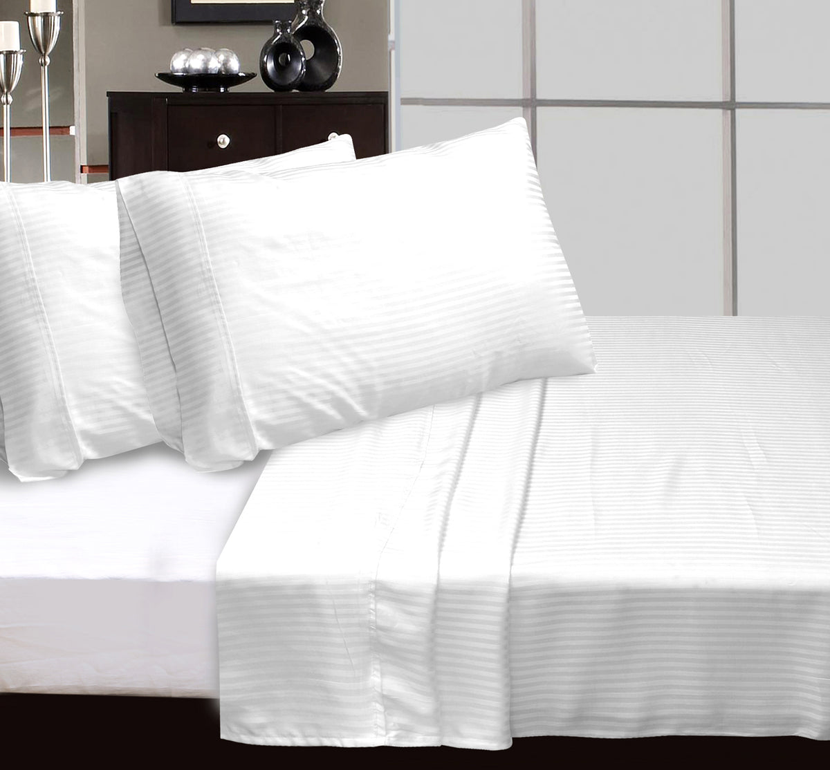 LUXURIOUS 300 THREAD COUNT BAMBOO  SATEEN THIN STRIPE FLAT SHEET