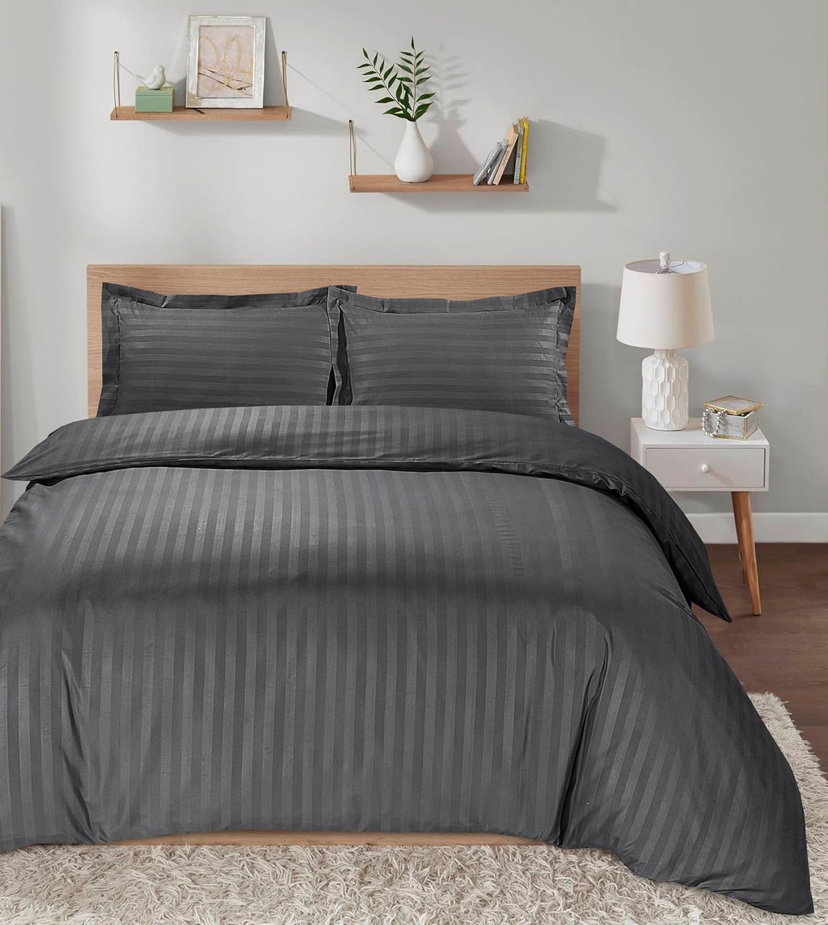 LUXURIOUS 300 THREAD COUNT BAMBOO  SATEEN THIN STRIPE DUVET COVER SET - 3 PIECE COLLECTION