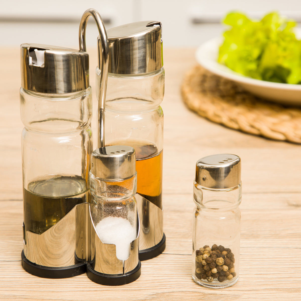 SEASONING SET OIL VINEGAR SALT AND PEPPER KRAFT STEEL 10.7x21.3x10.6CM / CLEAR