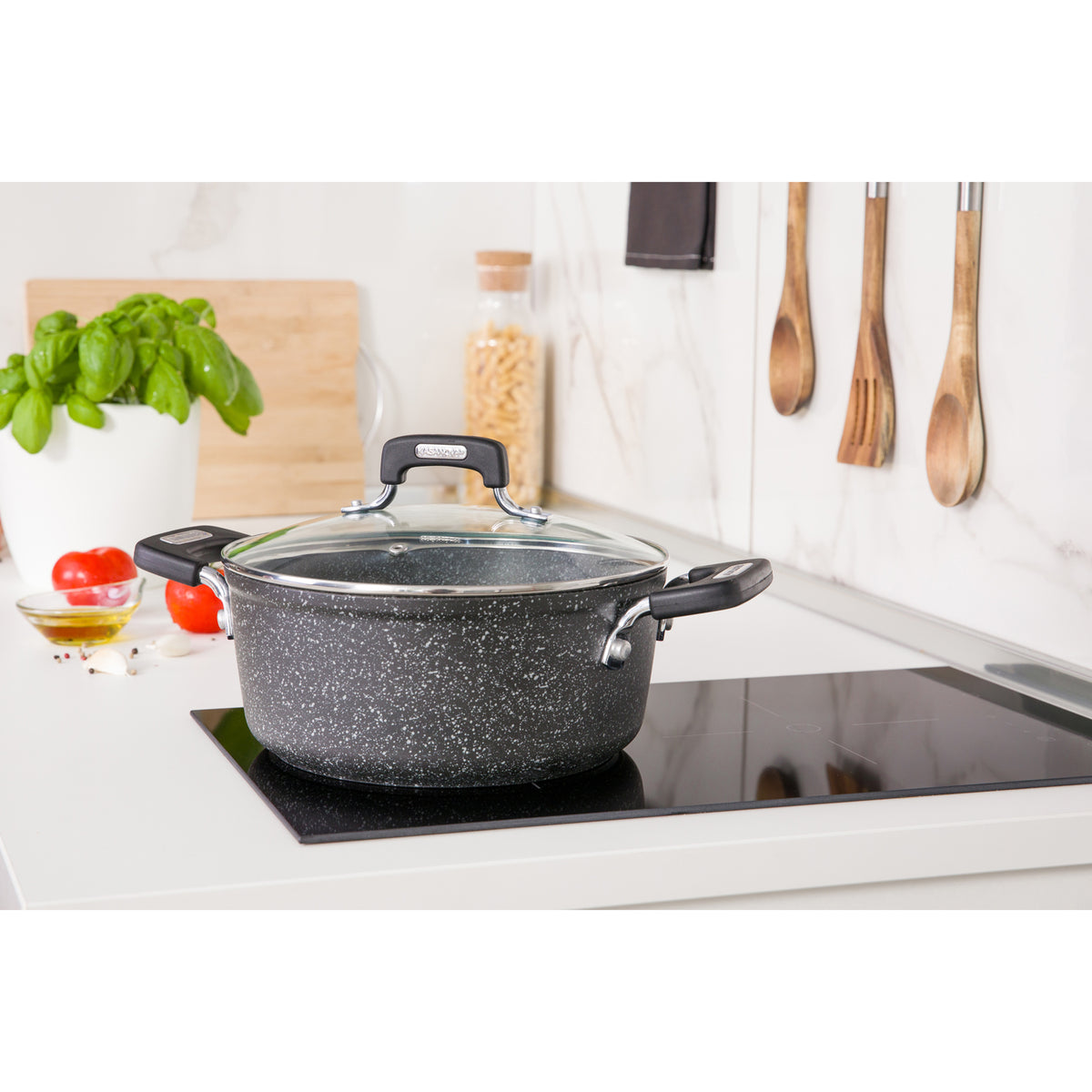 NEW PETRA DARK CASSEROLE 20 CM WITH GLASS LID GRAY 20CM / GREY