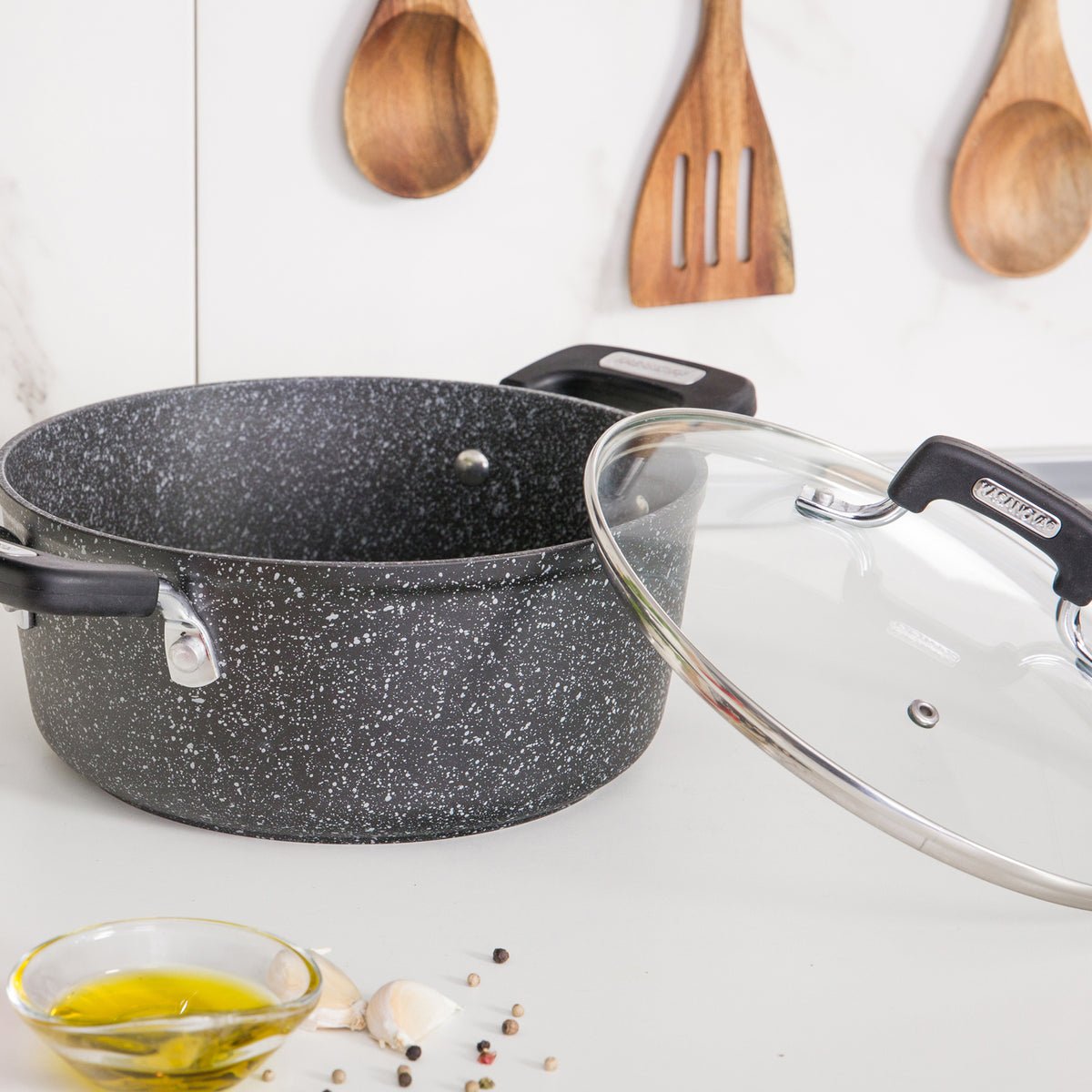NEW PETRA DARK CASSEROLE 24 CM WITH GLASS LID GRAY 24CM / GREY