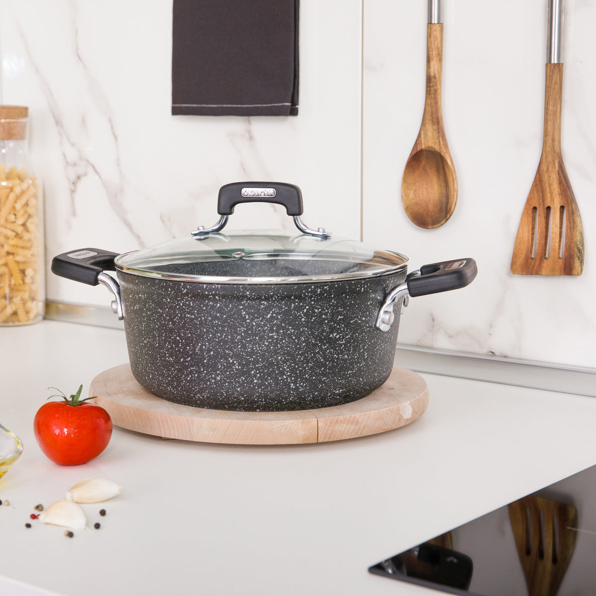 NEW PETRA DARK CASSEROLE 24 CM WITH GLASS LID GRAY 24CM / GREY