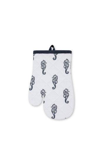 Cooking glove with seahorses in slub cotton.
