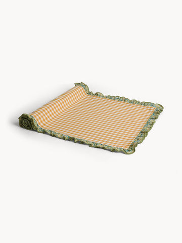 Pure cotton gingham runner with floral ruffle