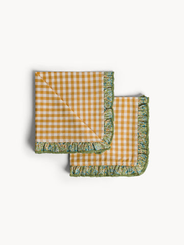 Set of 2 pure cotton gingham napkins with floral ruffle